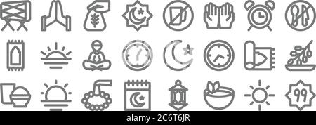 ramadhan Linie Symbole. Lineare Satz. Qualität Vektor-Linie Satz wie Glaube an allah, Tee, Kalender, Essen, Sajadah, Lesen, Fasten, Fasten, Handgesten Stock Vektor