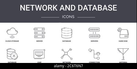 Netzwerk und Datenbank Konzept Linie Symbole gesetzt. Enthält Symbole für Web, Logo, ui/ux wie Server, Server, Datenbank, Netzwerk, Verbindung, antenn Stock Vektor