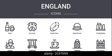 england Concept Line Icons Set. Enthält Symbole für Web, Logo, ui/ux wie Bulldog, Bowler Hut, Wache, Tee-Tasse, Gherkin, Kathedrale, stonehenge Stock Vektor