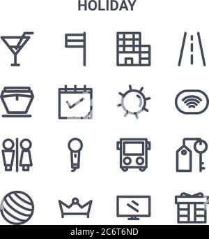 Satz von 16 Weihnachtskonzept Vektorlinien-Symbolen. 64x64 dünne Striche Symbole wie Flagge, Schiff, WiFi, Bus, Krone, Geschenk, Monitor, Sonne, Straße Stock Vektor
