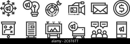 12 Satz von linearen Anzeige-Icons. Dünne Umrisssymbole wie mobiles Marketing, Ankündigung, Werbung, E-Mail, Ziel, Idee für Web, mobil Stock Vektor