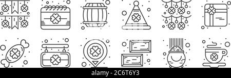 12 Satz von linearen saint patrick Symbole. Dünne Umrisse Symbole wie Kaffee, Gold, Brett, Girlande, Fass, Kalender für Web, mobil Stock Vektor