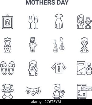 Satz von 16 Muttertag Konzept Vektor-Linien-Symbole. 64x64 dünne Striche Symbole wie Cocktails, Königin, Ehemann, Muttertag, Mama, Textnachricht, Blume bou Stock Vektor