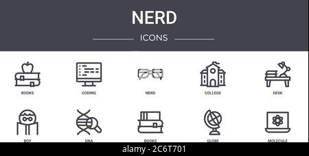 Nerd Konzept Linie Symbole Satz. Enthält Symbole für Web, Logo, ui / ux wie Codierung, Hochschule, Junge, Bücher, Globus, Molekül, Schreibtisch, Nerd Stock Vektor