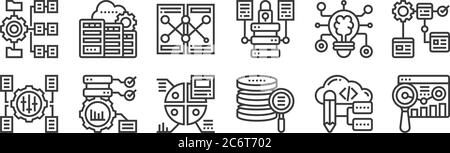 12 Satz von linearen Datenanalyse-Symbole. Dünne Umrisssymbole wie Web-Analyse, Datenspeicherung, Optimierung, Deep Learning, Vergleich, Rechenzentrum f Stock Vektor