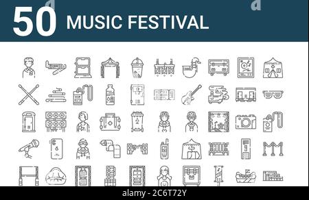 Set von 50 Musikfestival-Ikonen. Skizzieren dünne Linie Symbole wie Tribüne, Großbildschirm, Mikrofon, WC, Trommel, Armband, Musik, Bühne, Musik, walki Stock Vektor