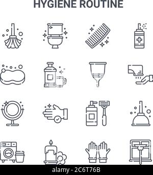 Satz von 16 Vektorlinien-Symbolen für das Konzept der Hygieneroutine. 64x64 dünne Strichikonen wie Toilette, Schwamm, Handtrockner, Rasiermesser, Kerze, Fensterputzen Stock Vektor