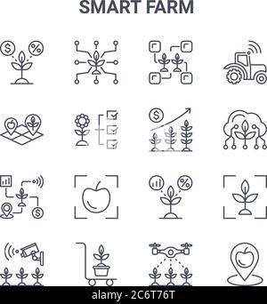 Satz von 16 Smart Farm Concept Vektorlinien-Symbolen. 64x64 dünne Striche Symbole wie Smart Farm, Land, Wolke, Pflanze, Trolley, Ort, Drohne, Pflanzen, Traktor Stock Vektor
