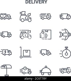 Satz von 16 Vektorlinien-Symbolen für das Lieferkonzept. 64x64 dünne Hub Symbole wie Roller, LKW, Flugzeug, LKW, LKW, Fast Food, empfangen, Stock Vektor
