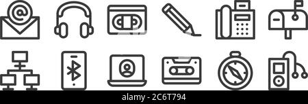 12 Satz von linearen Kommunikation und Medien-Symbole. Dünne Umrisssymbole wie Musik-Player, Kassette, Zahn, Fax, vhs, Musik-Player für Web, mobile Stock Vektor