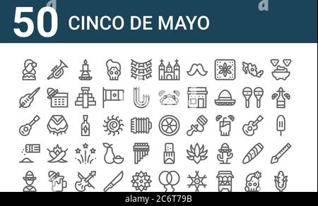 Set von 50 Cinco de Mayo-Symbole. Umreißen dünne Linie Symbole wie Mais, Mexikaner, Salz und Pfeffer, Jarana, Toloche, Trompete, Limette Stock Vektor