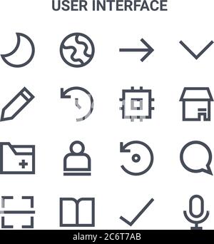 Satz von 16 Symbolen für die Vektorlinien der Benutzeroberfläche. 64x64 dünne Striche Symbole wie Globus, Bleistift, speichern, neu laden, Buch, Mikrofon, Häkchen, proces Stock Vektor