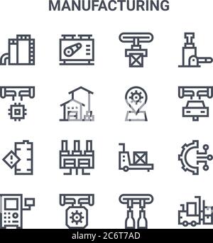 Satz von 16 Vektorlinien-Symbolen für Fertigungskonzepte. 64x64 dünne Hub Symbole wie Maschine, Herstellung, Autoherstellung, Trolley, Fertigung, fo Stock Vektor