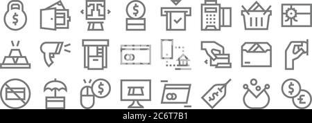 Zahlungslinie Symbole. Lineare Satz. Qualität Vektor-Linie Satz wie Austausch, Preisschild, Online-Zahlung, keine Cit-Karte, Brief, geldautomat, Geschenkkarte, Cit-Karte, wa Stock Vektor