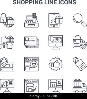 Satz von 16 Shopping-Line-Symbole Konzept Vektor-Linie Symbole. 64x64 dünne Strichsymbole wie Kasse, Banküberweisung, sicheres Einkaufen, Feedback, onli Stock Vektor