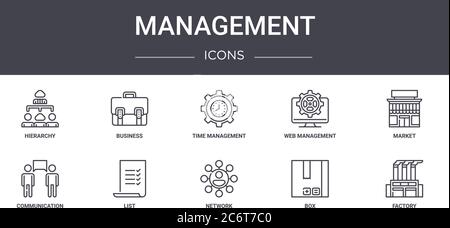 Management Concept Line Icons Set. Enthält Icons für Web, Logo, ui/ux wie Business, Web-Management, Kommunikation, Netzwerk, Box, Fabrik, Stock Vektor