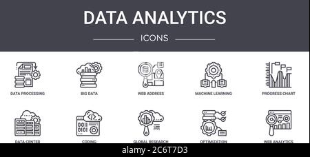 Data Analytics Concept Line Icons Set. Enthält Symbole für Web, Logo, ui/ux wie Big Data, Machine Learning, Data Center, globale Forschung, op Stock Vektor