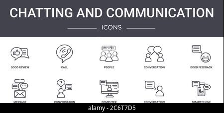 Chat und Kommunikation Konzept Linie Symbole gesetzt. Enthält Symbole für Web, Logo, ui/ux wie Anruf, Gespräch, Nachricht, Computer, conversat Stock Vektor