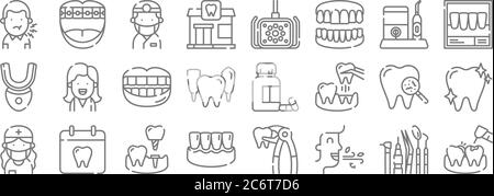 Zahnpflege Linie Symbole. Lineare Set. Qualität Vektor-Linie Set wie Hohlräume, frisch, Zahnfleisch, Zahnarzt, Bakterien, Lächeln, Röntgen, Zahnarzt, Zahnspangen Stock Vektor