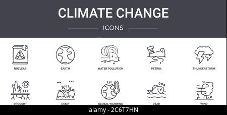 Symbole für die Klimakonzeption. Enthält Symbole für Web, Logo, ui/ux wie Erde, Benzin, Dürre, globale Erwärmung, tot, Wind, Donner Stock Vektor