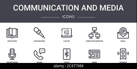 Kommunikations- und Medienkonzept Linie Symbole Set. Enthält Symbole für Web, Logo, ui/ux wie Mikrofon, Computer-Monitor, Mikrofon, Zahn, ne Stock Vektor