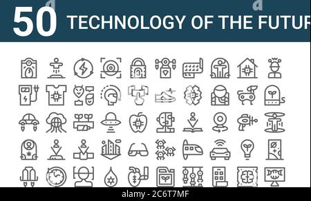 Set von 50 Technologie der Zukunft Symbole. Skizzieren dünne Linie Symbole wie dna, Jetpack, Teleportation, fliegende Auto, Ladestation, Teleportation, cy Stock Vektor