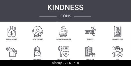 Freundlichkeit Konzept Linie Symbole Set. Enthält Symbole für Web, Logo, ui / ux wie Gesundheitswesen, spenden, Geschenk, medizinische Prüfung, Spende, geben, smartphon Stock Vektor