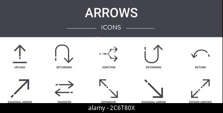 Pfeile Concept Line Icons Set. Enthält Symbole für Web, Logo, ui/ux wie Rückkehr, Rückkehr, diagonalen Pfeil, expansive, diagonalen Pfeil, exp Stock Vektor