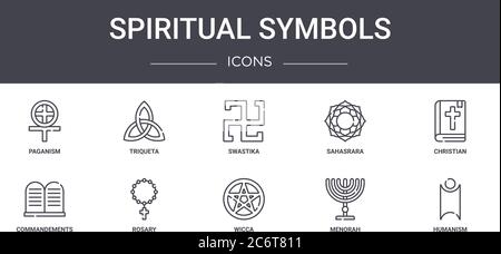 Spirituelle Symbole Konzept Linie Symbole gesetzt. Enthält Symbole für Web, Logo, ui/ux wie Triqueta, sahasrara, Kommandanten, Wicca, Menorah, Mensch Stock Vektor
