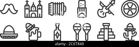 12 Satz von linearen Cinco de Mayo-Icons. Dünne Umrisse Symbole wie Kaktus, Maraca, Bier, Violine, Akkordeon, Kathedrale für Web, mobil Stock Vektor
