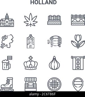 Set von 16 holland Konzept Vektorlinien-Symbolen. 64x64 dünne Striche Symbole wie Marihuana, Karten, Tulpe, Tulpe, Käsemarkt, holland, Stroopwafel, Bier, Stock Vektor