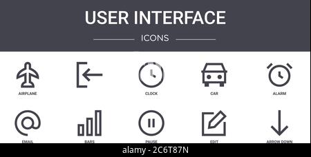 User Interface Concept Line Icons Set. Enthält Symbole für Web, Logo, ui/ux wie , Auto, E-Mail, Pause, bearbeiten, Pfeil nach unten, Alarm, Uhr Stock Vektor