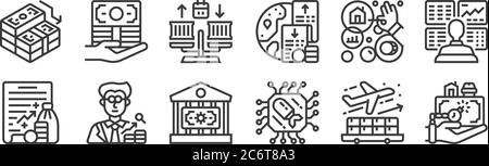 12 Satz von linearen Wirtschaftskrise Symbole. Dünne Umrisse Symbole wie Schulden, Krieg, Ökonom, Risiko, Handel, Darlehen für Web, mobile Stock Vektor