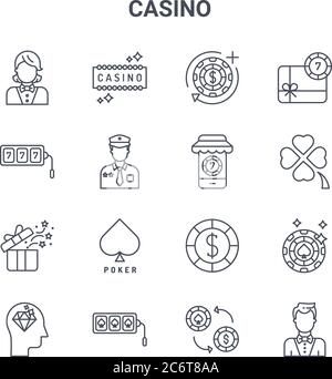 Set von 16 Casino Konzept Vektor-Linie Symbole. 64x64 dünne Strich Symbole wie Casino, Spielautomaten, Klee, Casino-Chips, Jackpot-Maschine, Croupier, Chi Stock Vektor