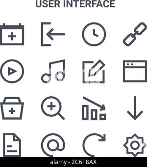 Satz von 16 Symbolen für die Vektorlinien der Benutzeroberfläche. 64x64 dünne Strich Symbole wie , spielen, Website, Diagramm, E-Mail, Helligkeit, o, bearbeiten, Hyperlink Stock Vektor