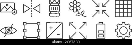 12 Satz von linearen Fotografie-Symbole. Dünne Umrisssymbole wie Einstellungen, Vollbild, Minimieren, Kameraobjektiv, horizontale Flip für Web, mobil Stock Vektor