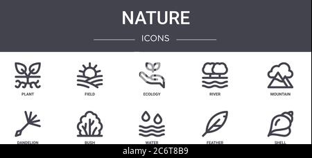 Natur Konzept Linie Icons Set. Enthält Symbole für Web, Logo, ui/ux wie Feld, Fluss, Löwenzahn, Wasser, Feder, Muschel, Berg, Ökologie Stock Vektor