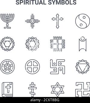 Set von 16 spirituellen Symbolen Konzept Vektor-Linien-Symbole. 64x64 dünne Strichsymbole wie native american, visuddha, Humanismus, jain, orthodoxe Kreuz, swas Stock Vektor