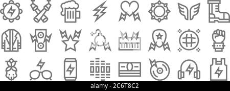 Rock and Roll Linie Symbole. Lineare Set. Qualität Vektor-Linie Set wie T-Shirt, cd, Equalizer, Schädel, Disco Ball, Rock, Stiefel, Herz, Scheinwerfer Stock Vektor