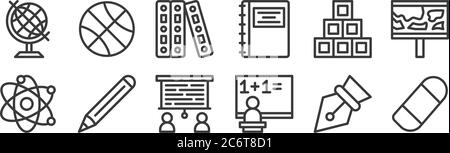 12 Satz von linearen Schule Symbole. Dünne Umrisse Symbole wie Radierer, Lehrer, Bleistift, Würfel, Dokument, Basketball für Web, mobil Stock Vektor