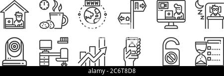 12 Satz von linearen Arbeit von zu Hause Symbole. Dünne Umrisssymbole wie Zeitmanagement, Lebensmittellieferung, Arbeitsplatz, Videoanruf, Internet, Kaffeepause für w Stock Vektor