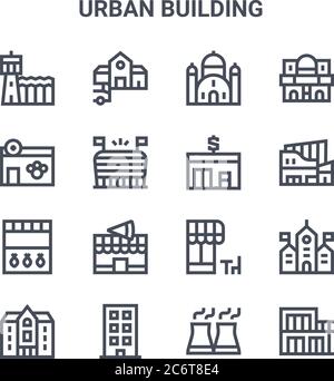 Set von 16 städtischen Gebäude Konzept Vektor-Linie Symbole. 64x64 dünne Striche Symbole wie Busbahnhof, Tierarzt, Einkaufszentrum, Café, Block, Chalet, nukleare Stock Vektor