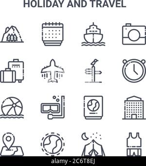 Satz von 16 Urlaub und Reise Konzept Vektor-Linien-Symbole. 64x64 dünne Striche Symbole wie Kalender, Reisetasche, Zeit, Pass, Welt, Badeanzug, Camping Stock Vektor