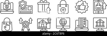 12 Satz von linearen Shopping-Line-Icons. Dünne Umrisssymbole wie Internet-Banking, Suchmaschine, Rabatt, Feedback, Geschenkbox, Zahlungsmethode f Stock Vektor