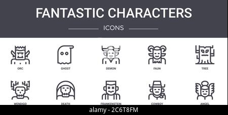 Fantastische Zeichen Konzept Linie Symbole Set. Enthält Symbole für Web, Logo, ui/ux wie Geist, Faun, wendigo, frankenstein, Cowboy, Engel, tre Stock Vektor