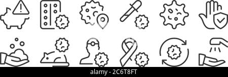12 Satz von linearen Coronavirus-Symbole. Dünne Umrisssymbole wie Handwäsche, Band, Nagetier, Form, Ort, Medikamente für Web, mobil Stock Vektor