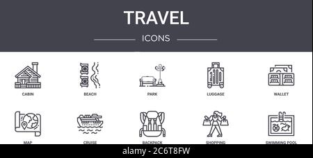 Travel Concept Line Icons Set. Enthält Icons, die für Web, Logo, ui/ux wie Strand, Gepäck, Karte, Rucksack, Shopping, Schwimmbad, Geldbörse, Park verwendbar sind Stock Vektor