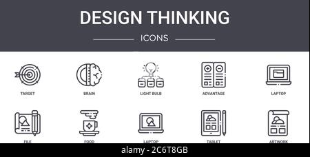 Design Thinking Konzept Linie Symbole Satz. Enthält Symbole für Web, Logo, ui / ux wie Gehirn, Vorteil, Datei, Laptop, Tablet, Kunstwerk, Laptop, li Stock Vektor