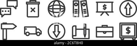 12 Satz von linearen Marketing-Business-Icons. Dünne Umrisssymbole wie Safe, geschriebenes Papier, LKW, Präsentation, Welt, Papierkorb für Web, mobile Stock Vektor