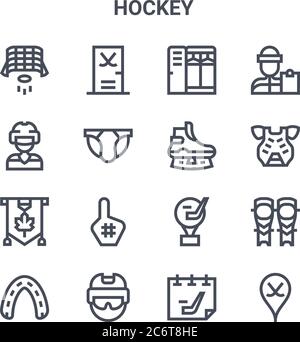 Set von 16 Hockey Konzept Vektor-Linien-Symbole. 64x64 dünne Striche Symbole wie Fitness-Studio, Eishockey, Brustschutz, Trophäe, Helm, Hockey, Eislaufen, Trainer Stock Vektor